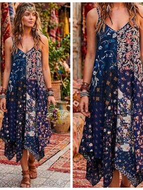 Bohemian Asymmetrical Navy Floral Maxi Dress